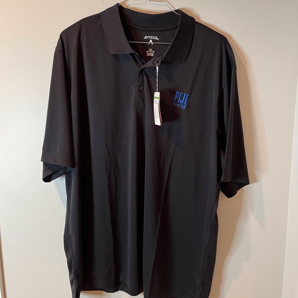 Mens Antigua short sleeve golf shirt, black, NWT logo Fiji Water
